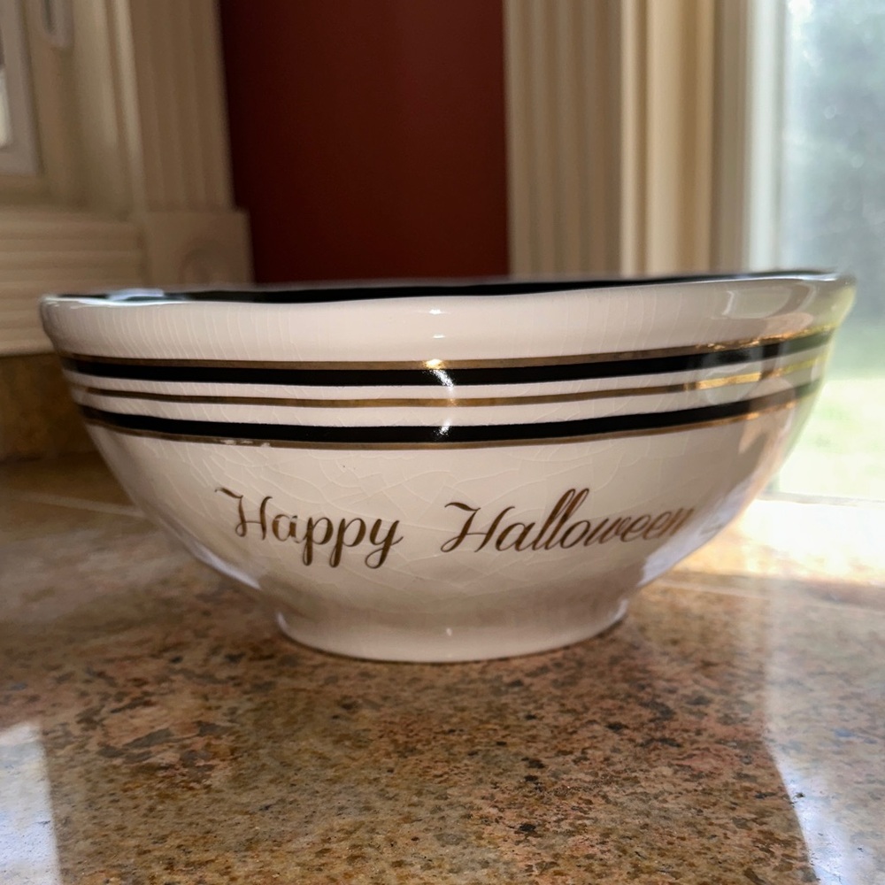 Festive Halloween Ceramic Bowl with Gold and Black Stripes